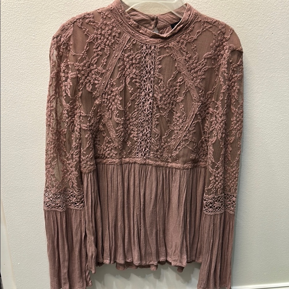 American Eagle Outfitters Pink Pleated Lace Blouse